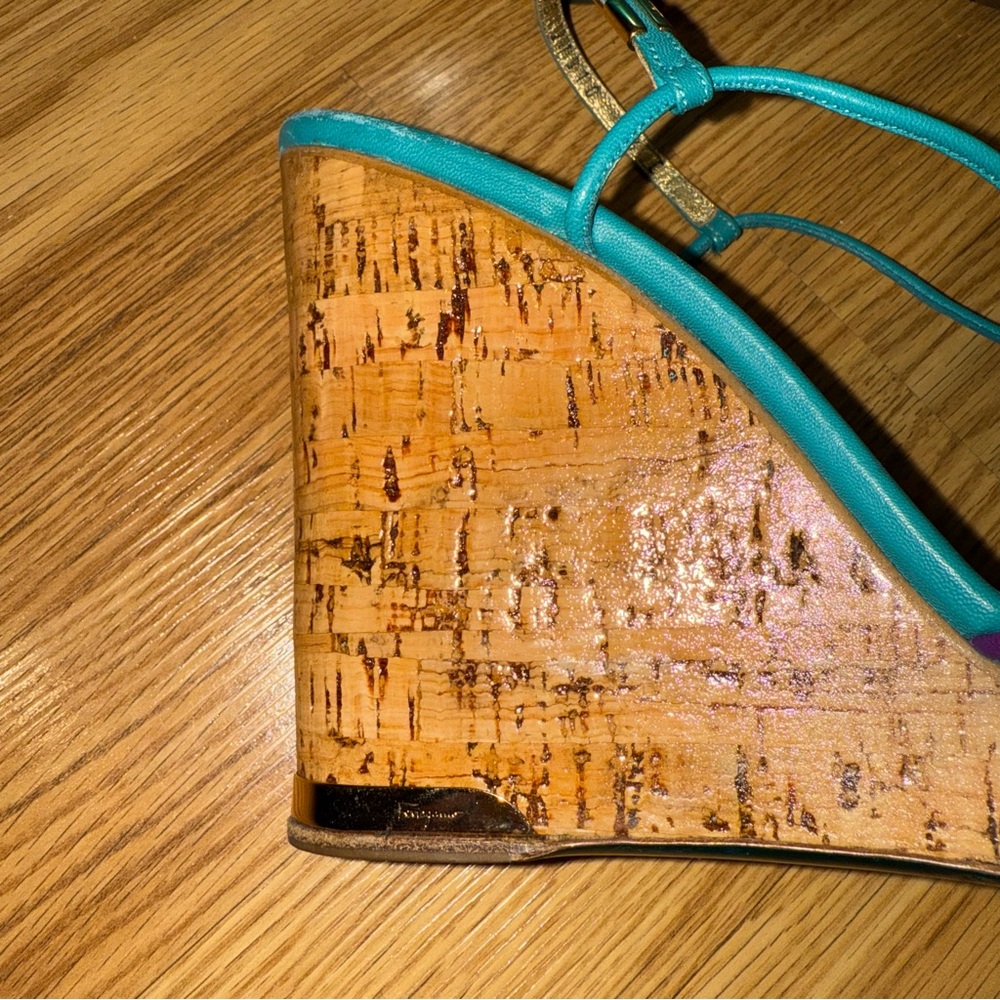 Salvatore Ferragamo‎ Purple and Teal Braided Lacquer Cork Wedge Sandals 8.5 C - Picture 3 of 11